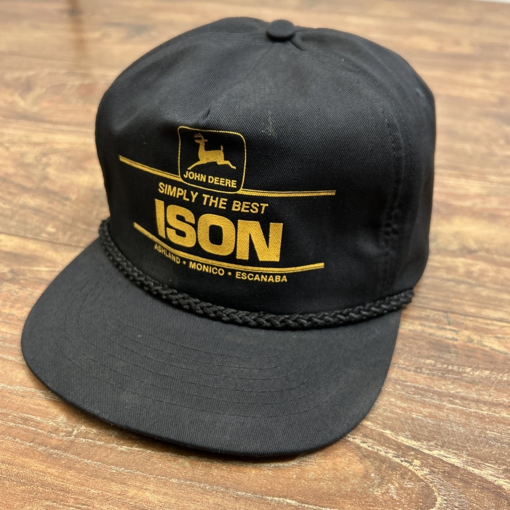 John Deere Ison Equipment Simply the Best Black Yellow‎ Trucker Hat Vtg SnapBack